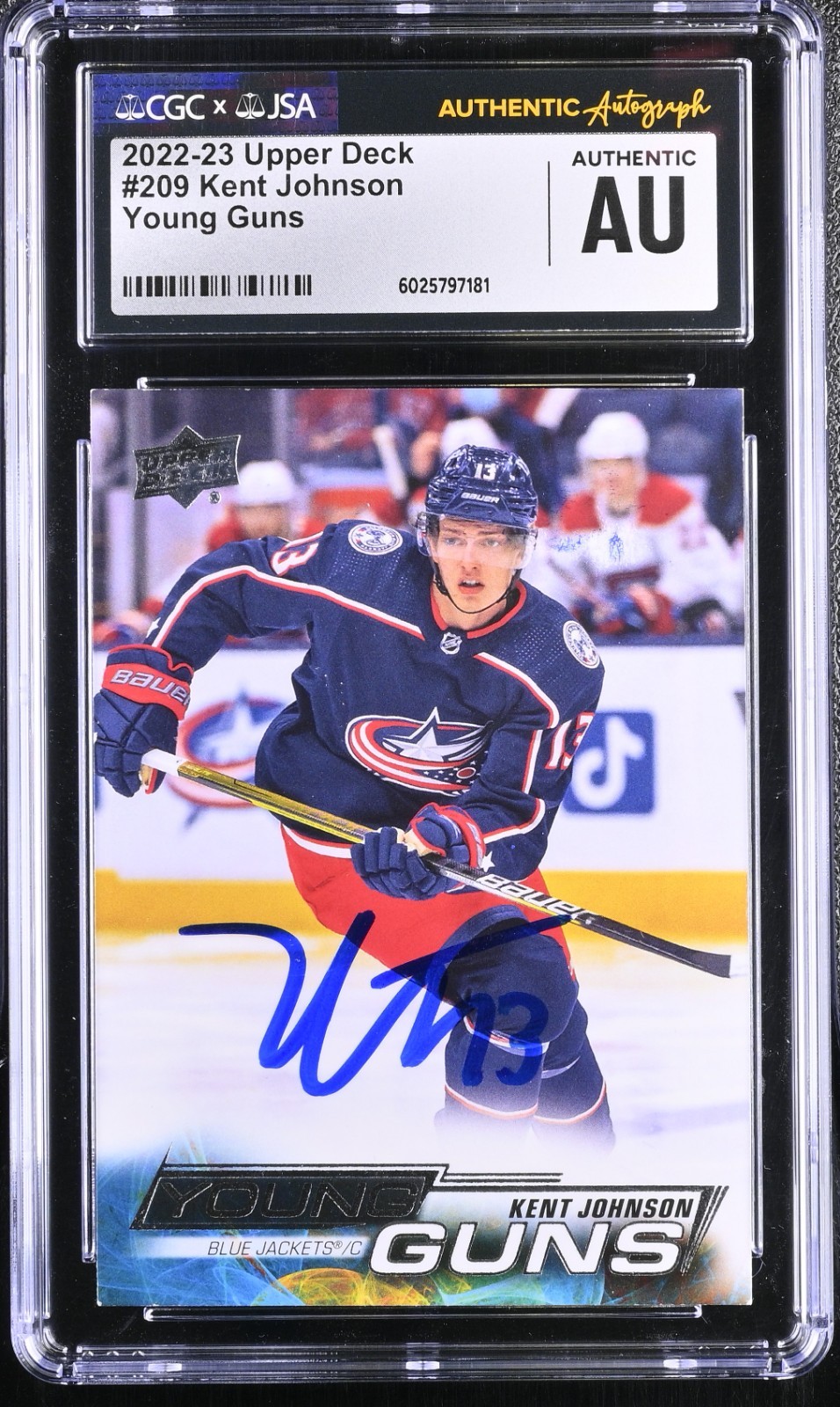 KENT JOHNSON SIGNED 2022-23 UPPER DECK YOUNG GUNS CARD #209 CGC AU JSA AUTO