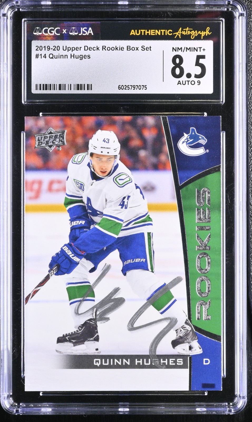 QUINN HUGHES SIGNED 2019-20 UPPER DECK ROOKIE SET CARD #14 CGC 8.5 JSA 9 AUTO