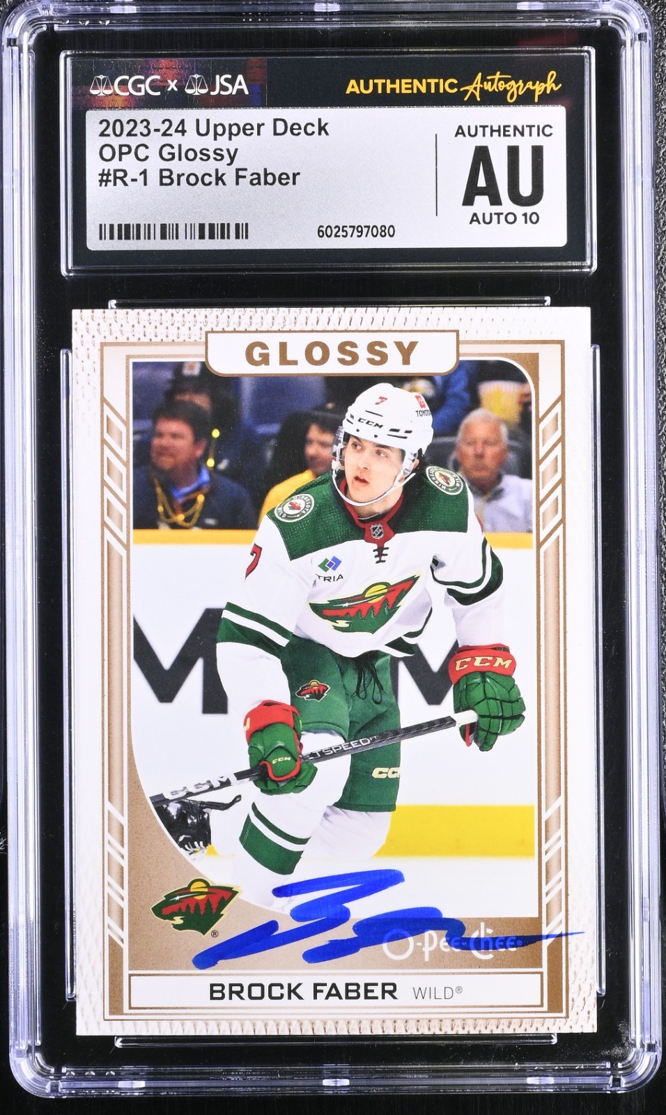BROCK FABER SIGNED 2023-24 UPPER DECK OPC GLOSSY CARD #R-1 CGC AU JSA 10 AUTO