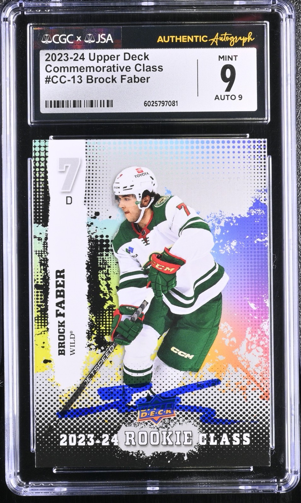 BROCK FABER SIGNED 2023-24 UPPER DECK ROOKIE CLASS CARD #CC-13 CGC 9 JSA 9 AUTO