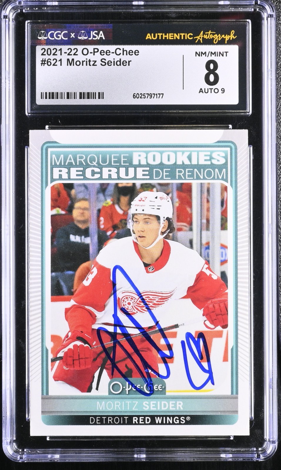 MORITZ SEIDER SIGNED 2021-22 O-PEE-CHEE ROOKIE CARD 621 CGC 8 JSA 9 AUTO