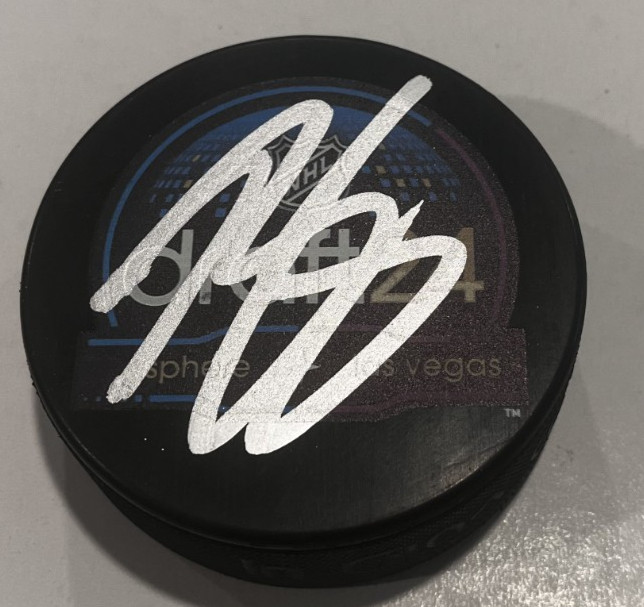 BECKETT SENNECKE SIGNED ANAHEIM DUCKS 2024 NHL DRAFT HOCKEY PUCK W/ CASE COA