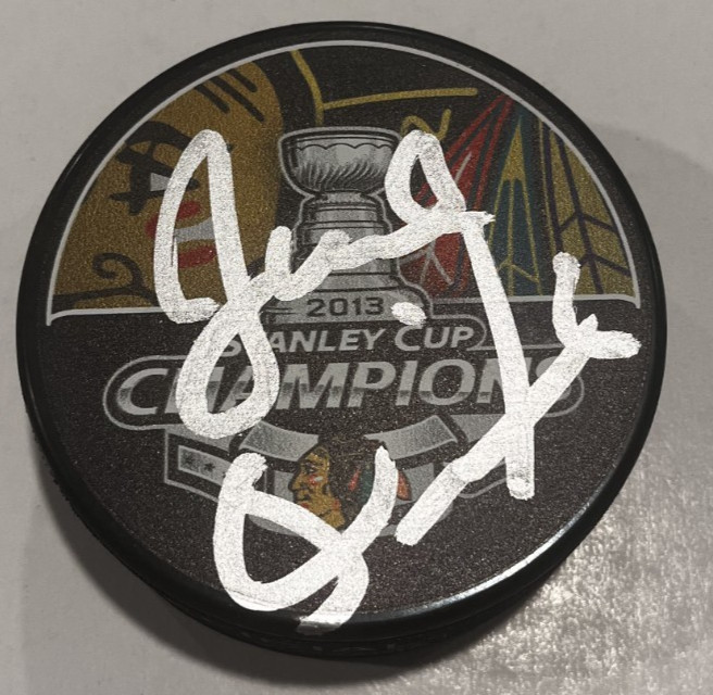 JOEL QUENNEVILLE SIGNED CHICAGO BLACKHAWKS 2013 STANLEY CUP PUCK W/ CASE COA