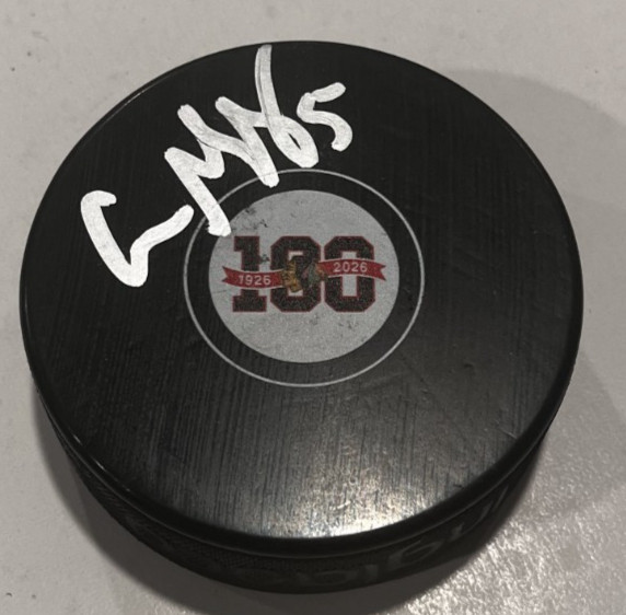 CONNOR MURPHY SIGNED CHICAGO BLACKHAWKS 100 YEARS HOCKEY PUCK W/ CASE COA