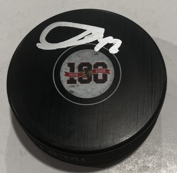 ALEX VLASIC SIGNED CHICAGO BLACKHAWKS 100 YEARS HOCKEY PUCK W/ CASE COA