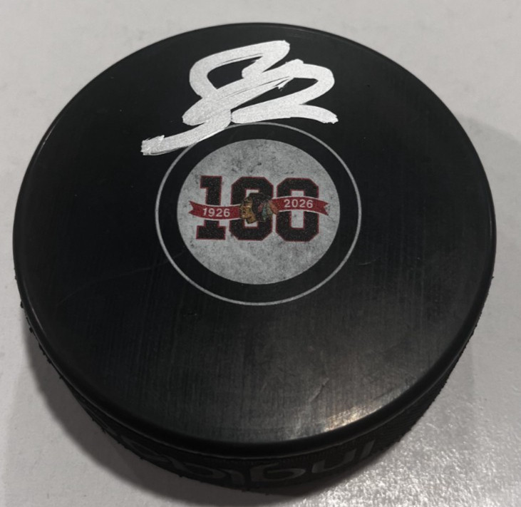 SAM RINZEL SIGNED CHICAGO BLACKHAWKS 100 YEARS HOCKEY PUCK W/ CASE COA