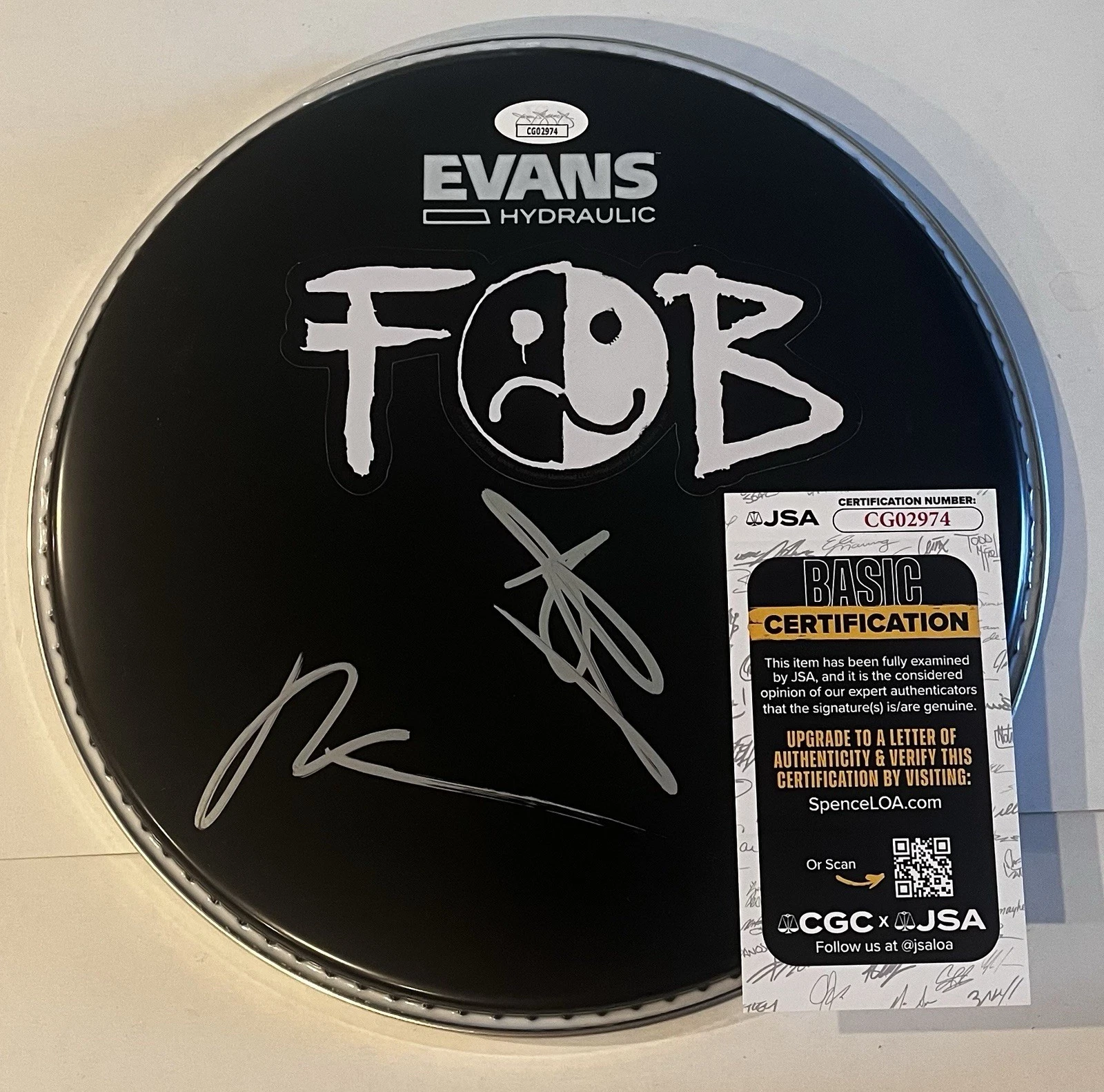 FALL OUT BOY BAND SIGNED 10 INCH DRUMHEAD PATRICK STUMP ANDY HURLEY JSA COA
