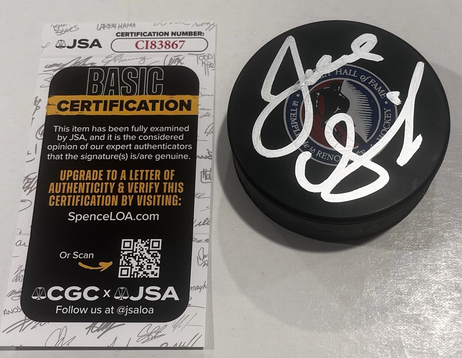 JOEL QUENNEVILLE SIGNED HOCKEY HALL OF FAME PUCK W/ CASE CHICAGO BLACKHAWKS JSA