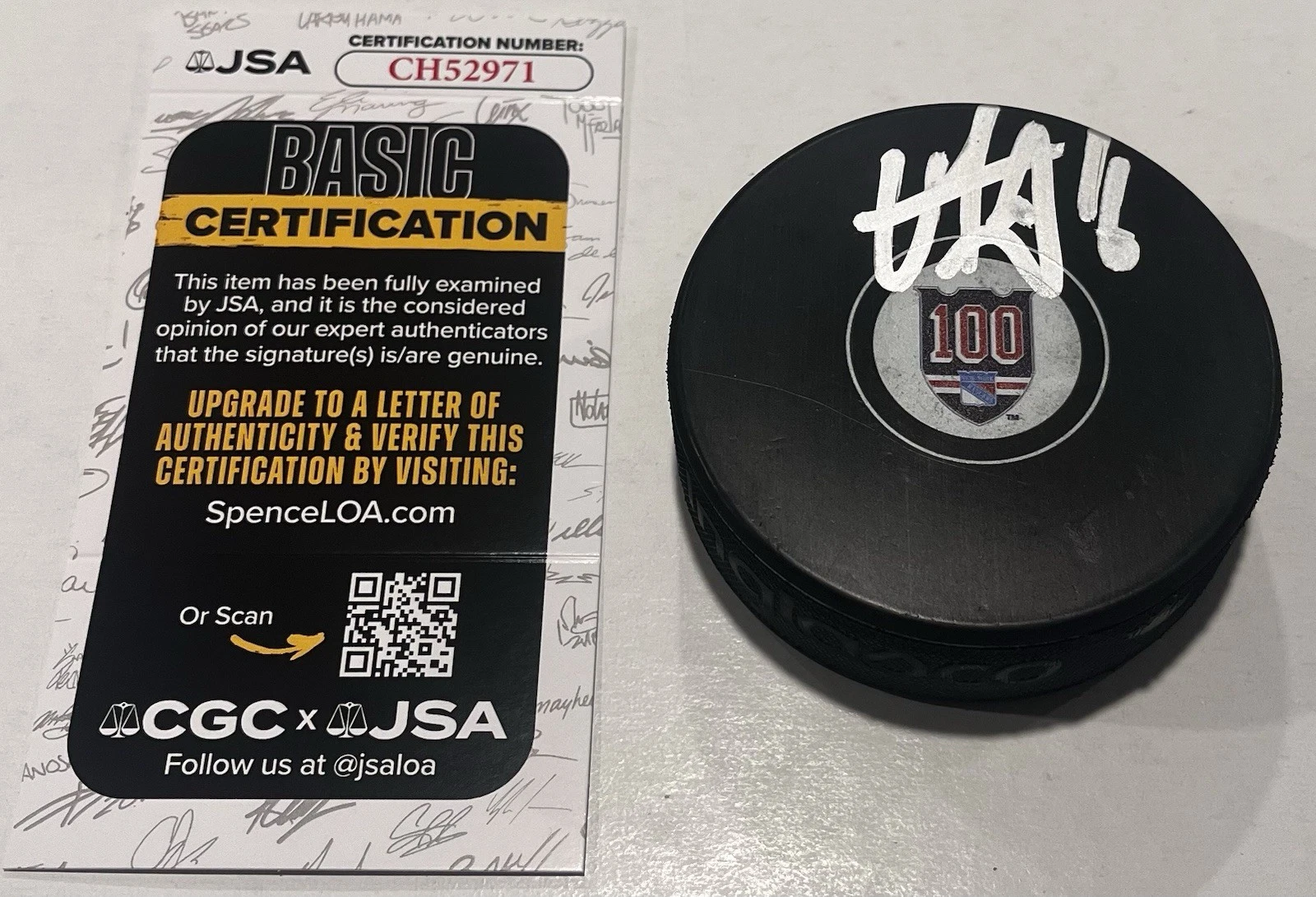 VINCENT TROCHECK SIGNED NEW YORK RANGERS 100 YEARS HOCKEY PUCK W/ CASE JSA COA