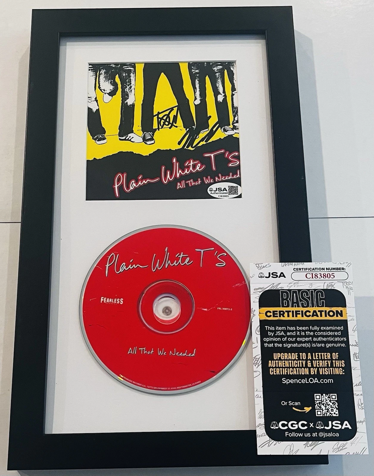 PLAIN WHITE T'S SIGNED ALL THAT WE NEEDED FRAMED CD ALBUM TOM HIGGENSON JSA COA