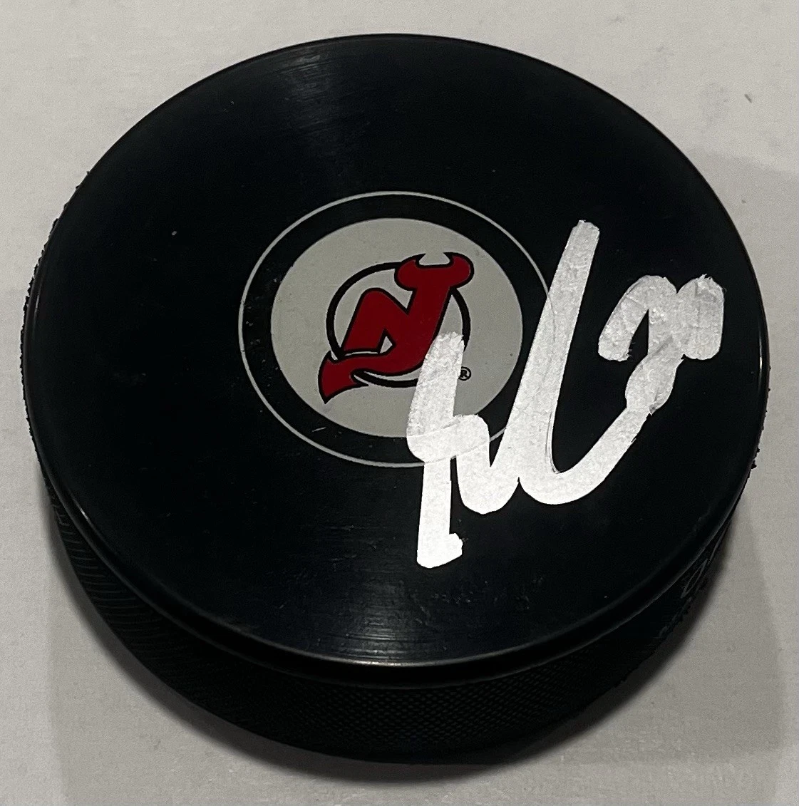 SHANE LACHANCE SIGNED NEW JERSEY DEVILS HOCKEY PUCK W/ CASE COA