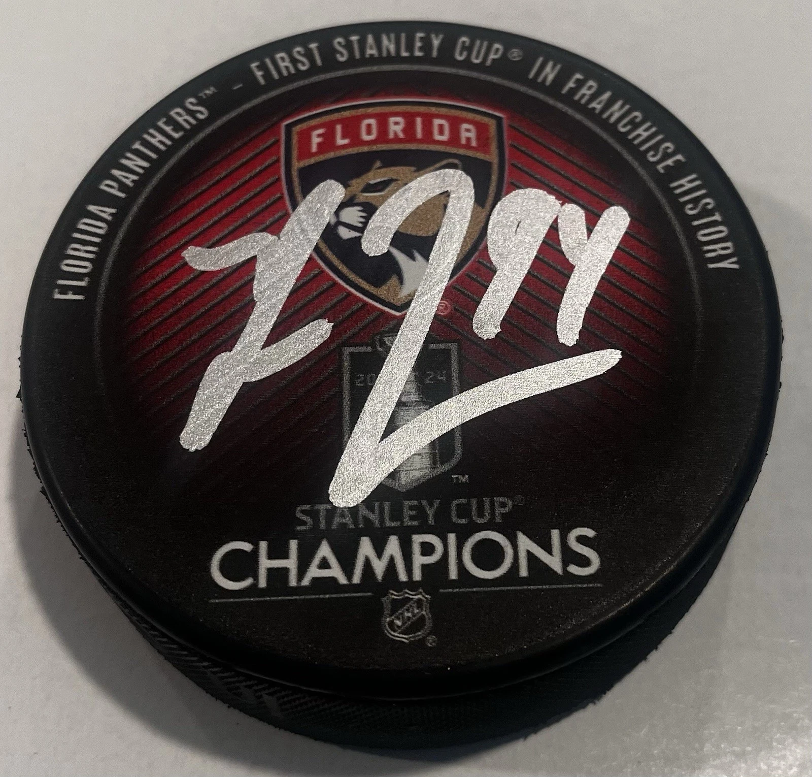 RYAN LOMBERG SIGNED FLORIDA PANTHERS 2024 STANLEY CUP HOCKEY PUCK W/ CASE COA