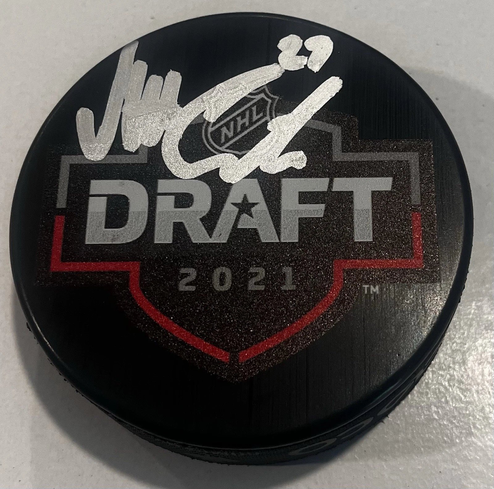 MATT CORONATO SIGNED CALGARY FLAMES 2021 NHL DRAFT HOCKEY PUCK W/ CASE COA