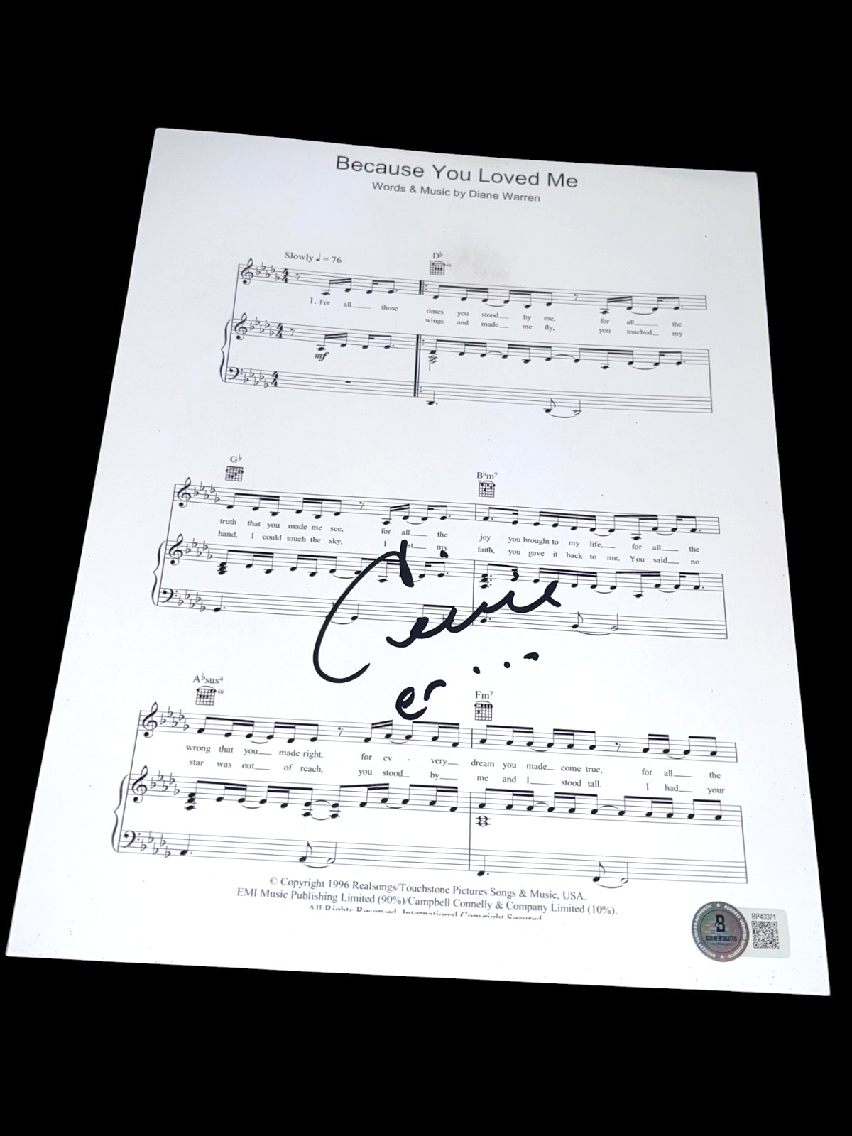 CELINE DION SIGNED AUTOGRAPH SHEET MUSIC BECAUSE YOU LOVED ME BECKETT BAS COA D