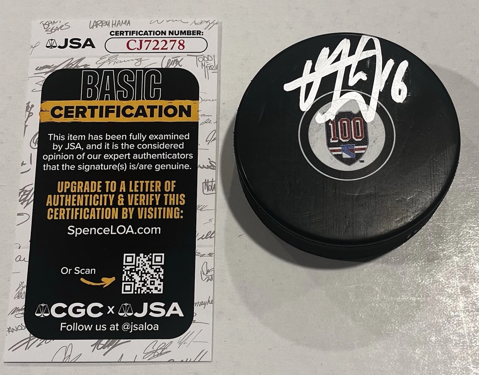 VINCENT TROCHECK SIGNED NEW YORK RANGERS 100 YEARS HOCKEY PUCK W/ CASE JSA COA