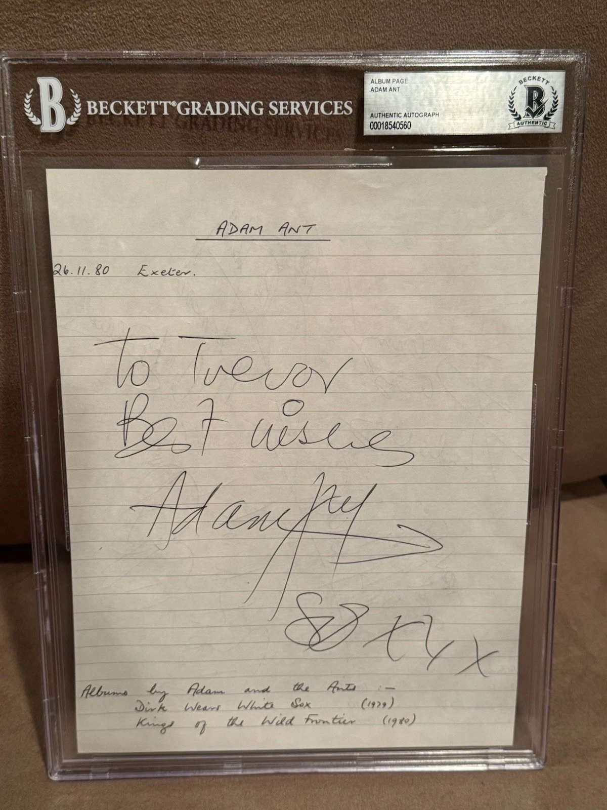 Adam Ant Autographed Album Page Beckett Slab 11/26/1980 Exeter