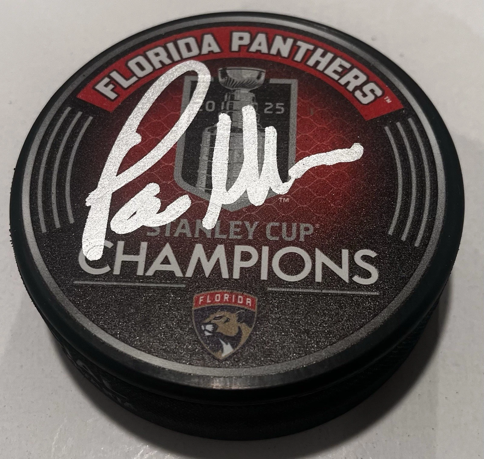PAUL MAURICE SIGNED FLORIDA PANTHERS 2025 STANLEY CUP HOCKEY PUCK W/ CASE COA