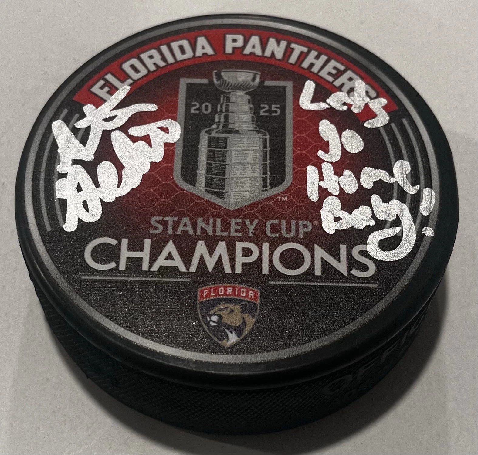 STEVE GOLDSTEIN SIGNED FLORIDA PANTHERS 2025 STANLEY CUP HOCKEY PUCK W/ CASE COA