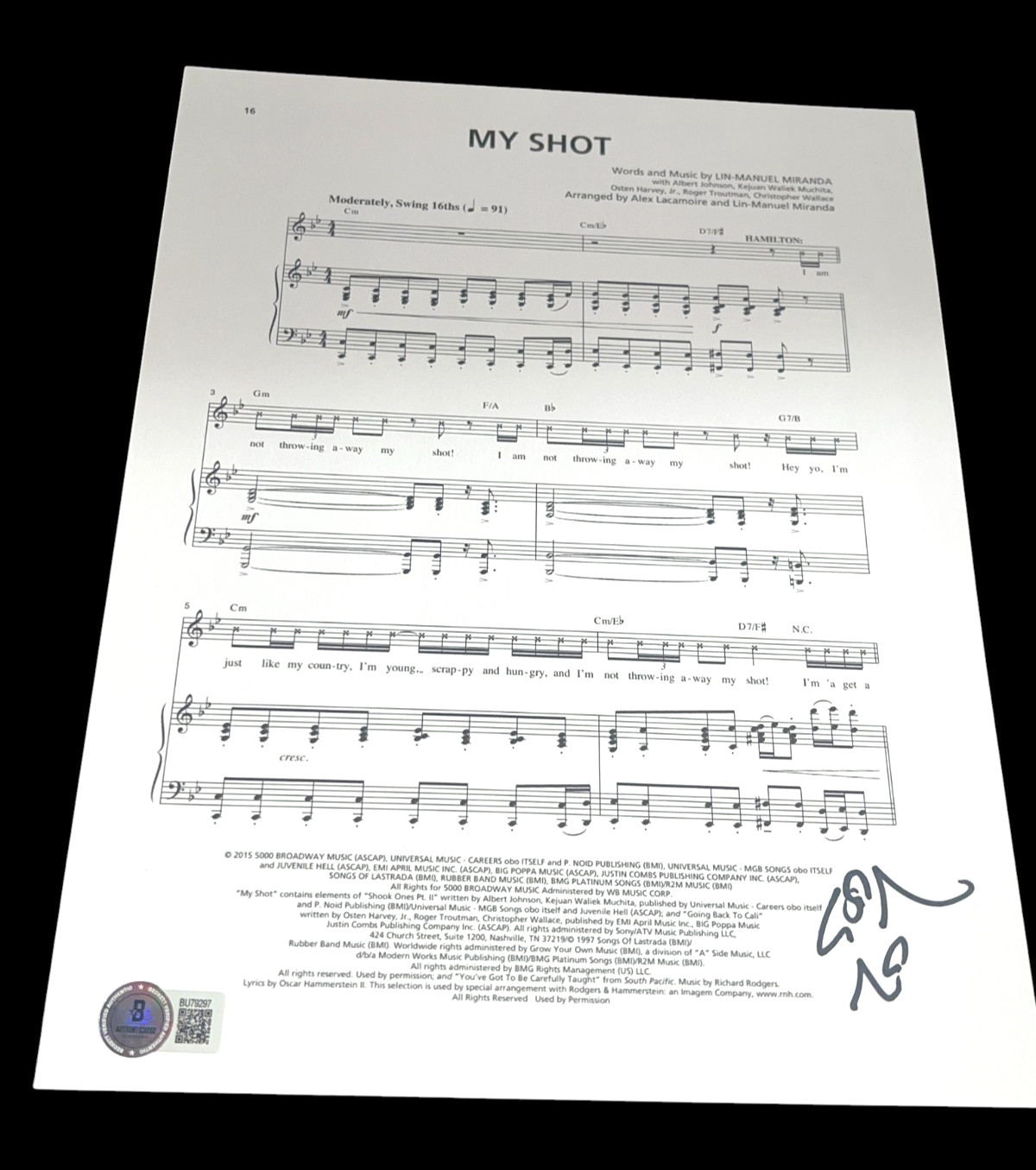 LIN MANUEL MIRANDA SIGNED AUTOGRAPH HAMILTON MY SHOT BECKETT BAS COA AUTO X2