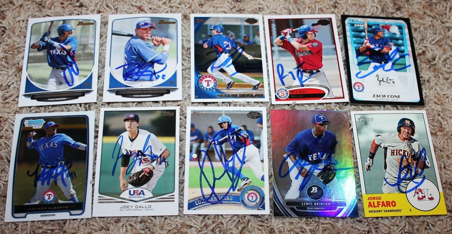 10 RANGERS SIGNED CARD LOT JORGE ALFARO LUIS SARDINAS JOEY GALLO HANSER ALBERTO COLLECTIBLE MEMORABILIA