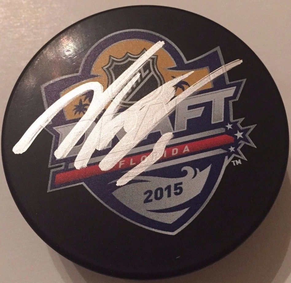 NOAH HANIFIN SIGNED 2015 NHL DRAFT PUCK W/CASE HURRICANES COA