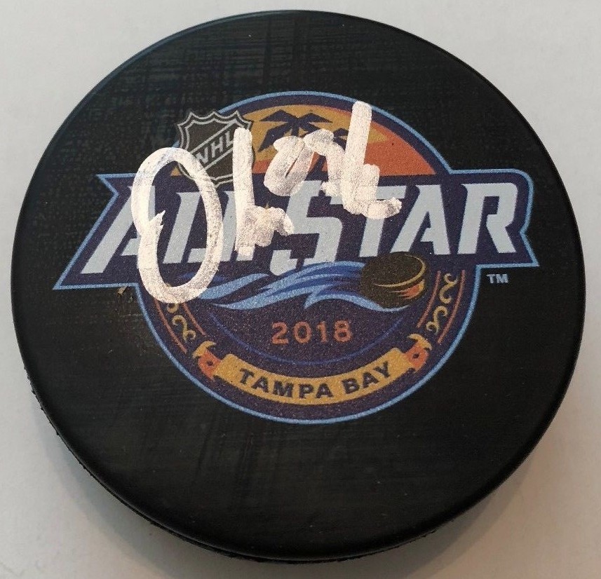 OLIVER EKMAN LARSSON SIGNED 2018 NHL ALL STAR GAME PUCK W/CASE COYOTES COA
