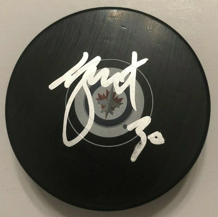 LAURENT BROSSOIT SIGNED WINNIPEG JETS HOCKEY PUCK W/ CASE COA