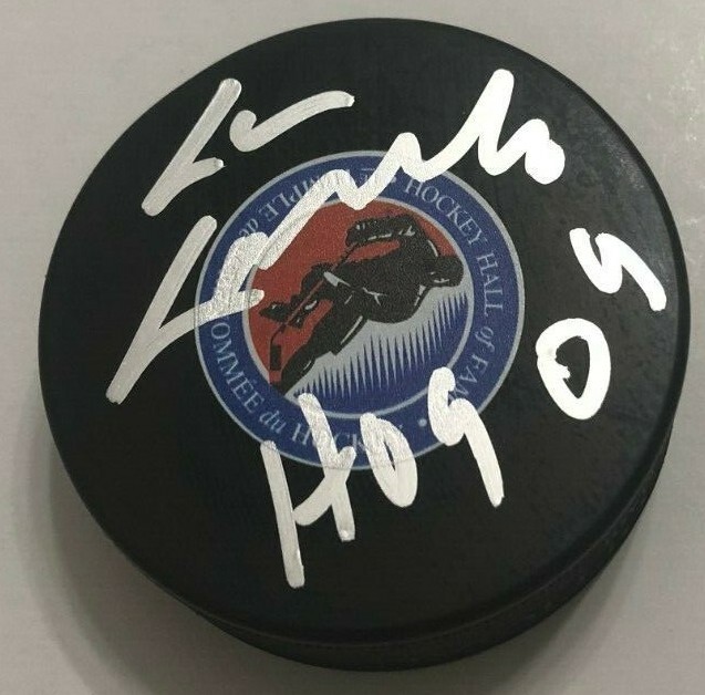 LOU LAMORIELLO SIGNED HALL OF FAME HOCKEY PUCK W/ CASE DEVILS ISLANDERS COA