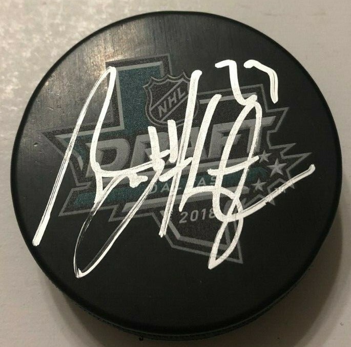 BARRETT HAYTON SIGNED 2018 NHL DRAFT HOCKEY PUCK W/ CASE ARIZONA COYOTES COA
