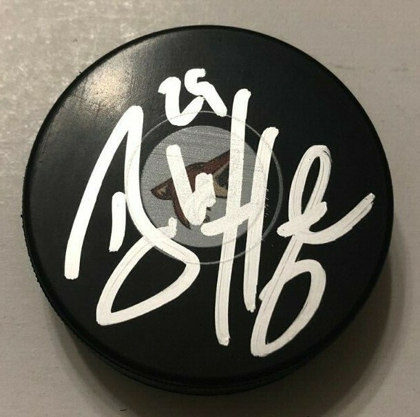 BARRETT HAYTON SIGNED ARIZONA COYOTES HOCKEY PUCK W/ CASE COA