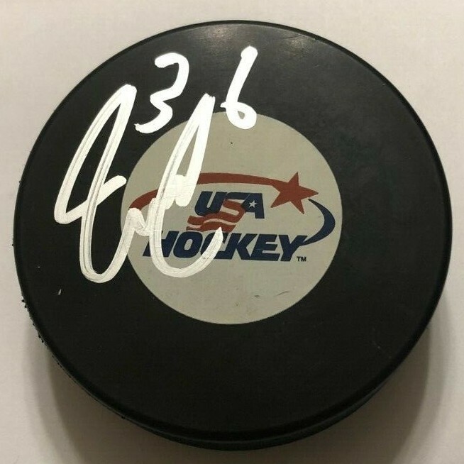 JACK CAMPBELL SIGNED USA HOCKEY PUCK W/ CASE EDMONTON OILERS COA