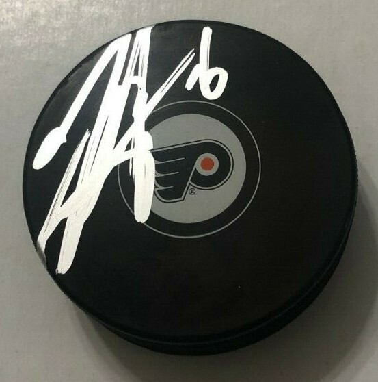 TRAVIS SANHEIM SIGNED PHILADELPHIA FLYERS HOCKEY PUCK W/ CASE COA