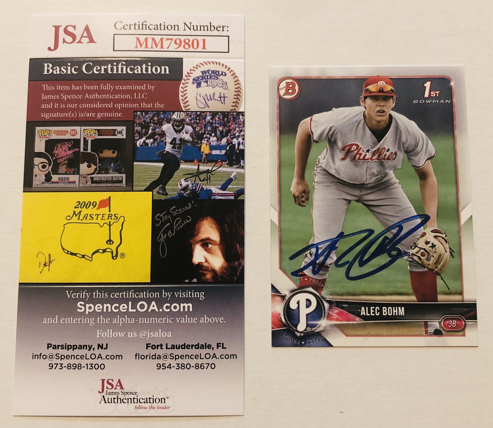 ALEC BOHM SIGNED 2018 BOWMAN DRAFT PROSPECT ROOKIE CARD PHILLIES JSA COA AUTO