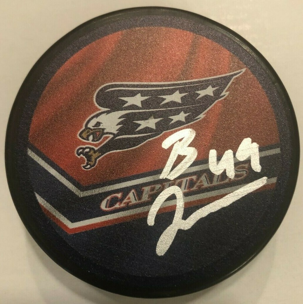 BRETT LEASON SIGNED WASHINGTON CAPITALS REVERSE RETRO HOCKEY PUCK W/ CASE COA
