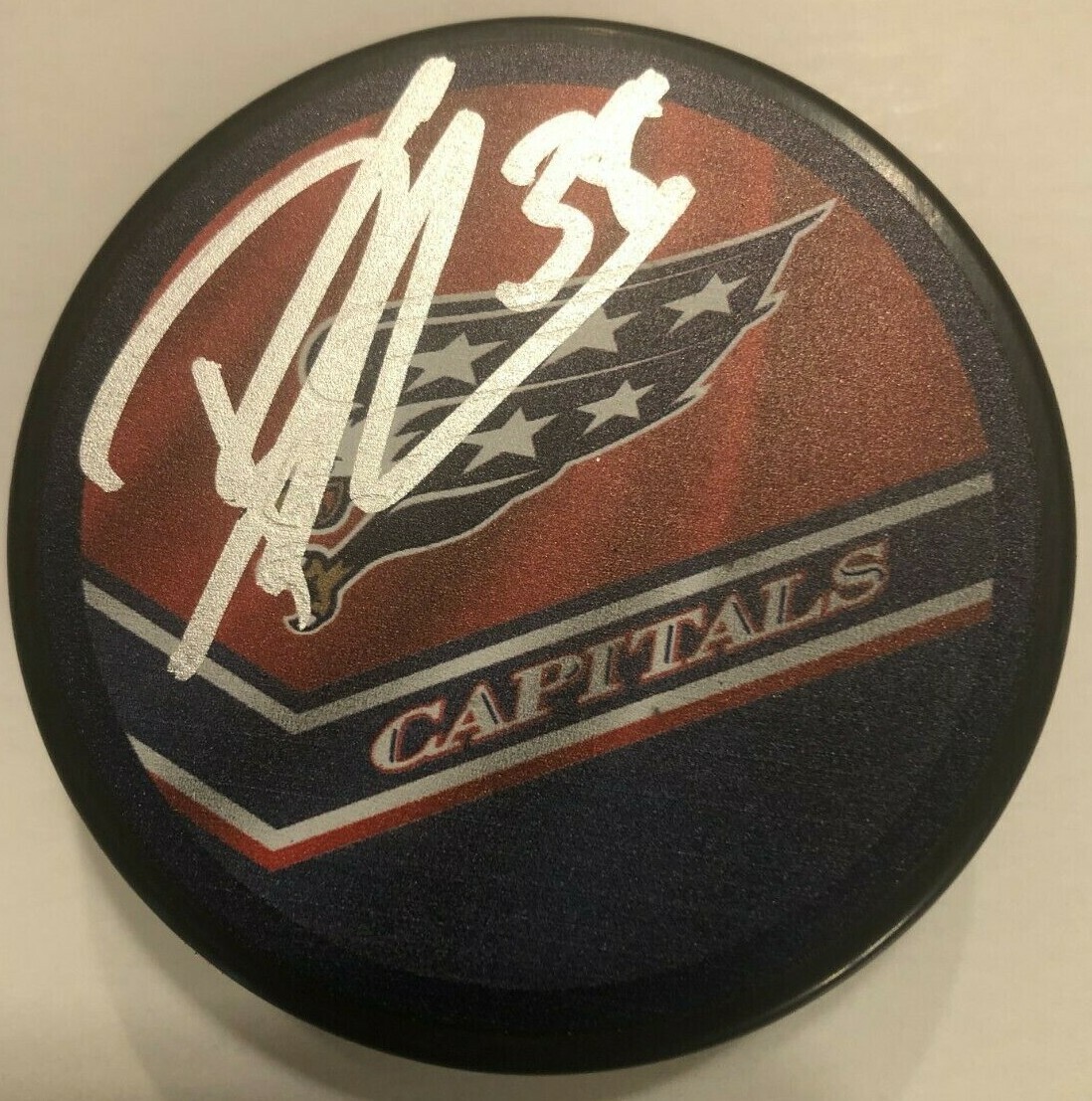 DENNIS CHOLOWSKI SIGNED WASHINGTON CAPITALS REVERSE RETRO HOCKEY PUCK W CASE COA