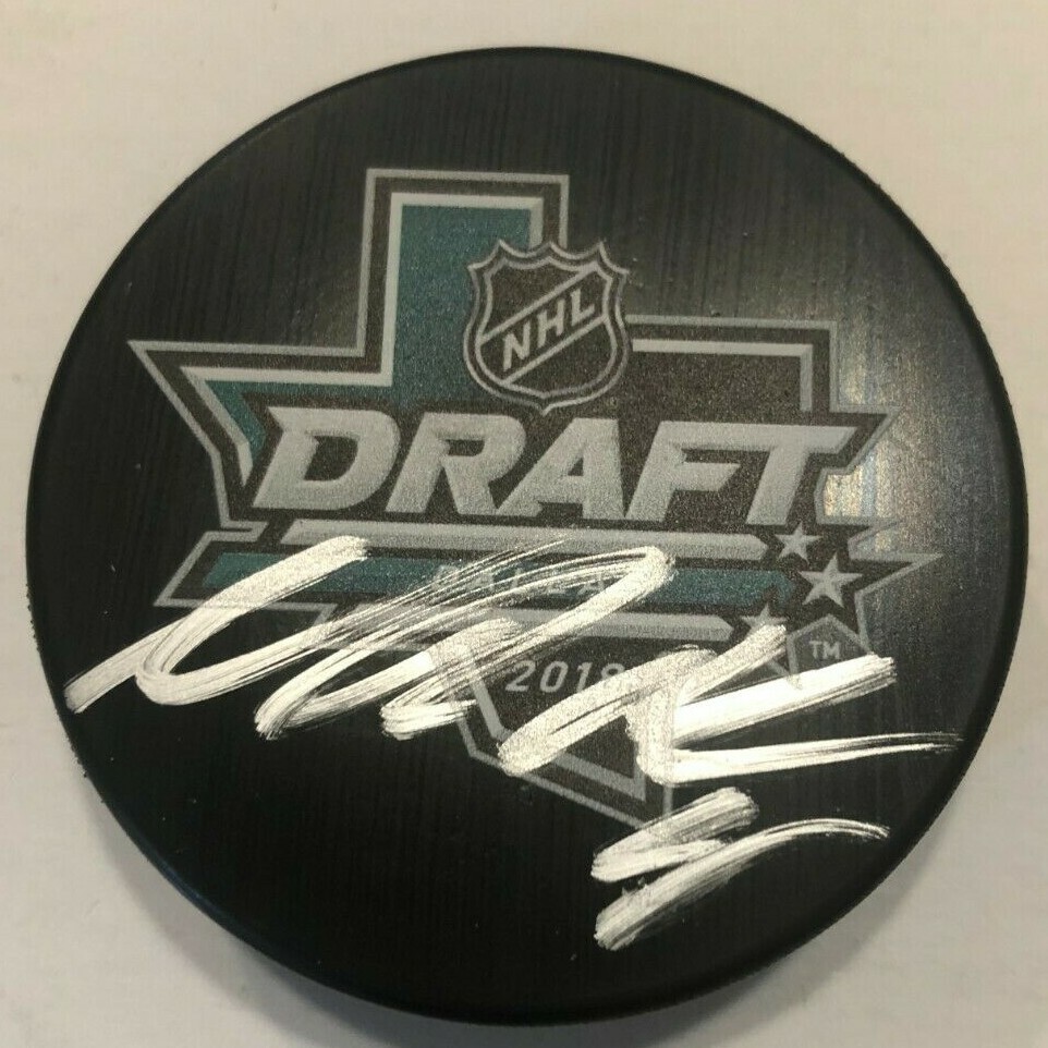 NOAH DOBSON SIGNED 2018 NHL DRAFT PUCK W CASE NEW YORK ISLANDERS COA