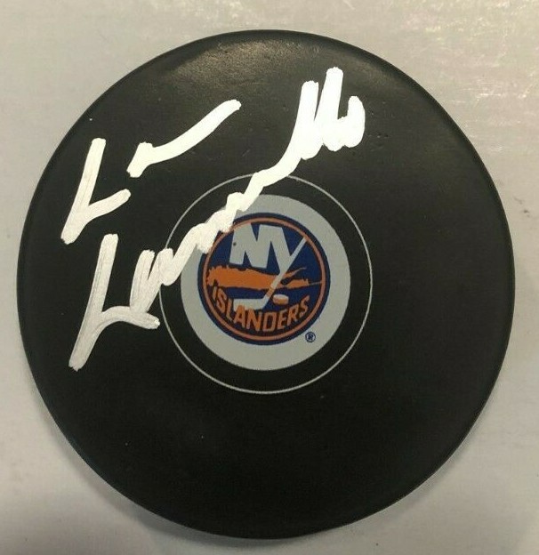 LOU LAMORIELLO SIGNED NEW YORK ISLANDERS HOCKEY PUCK W/ CASE COA