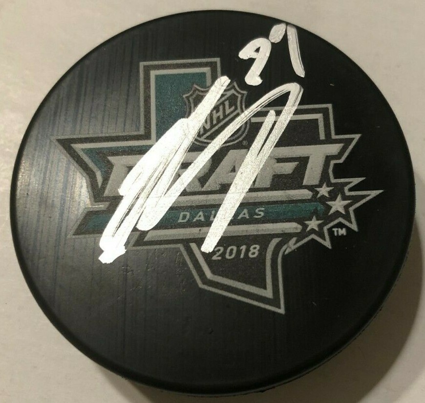 TY SMITH SIGNED 2018 NHL DRAFT PUCK W/ CASE NEW JERSEY DEVILS COA