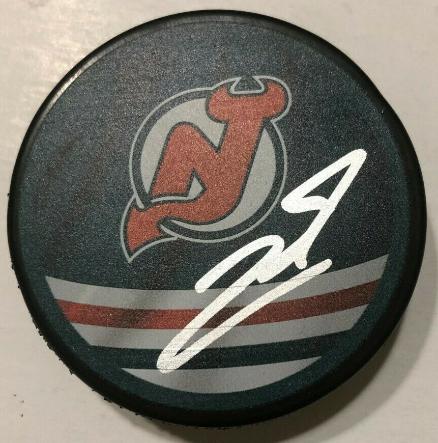 PAVEL ZACHA SIGNED NEW JERSEY DEVILS REVERSE RETRO PUCK W/ CASE COA