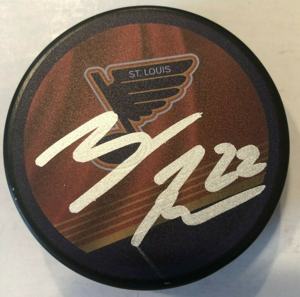 LOGAN BROWN SIGNED ST LOUIS BLUES REVERSE RETRO HOCKEY PUCK W/ CASE COA