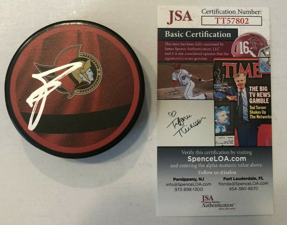 BRADY TKACHUK SIGNED OTTAWA SENATORS HOCKEY PUCK W/ CASE JSA COA