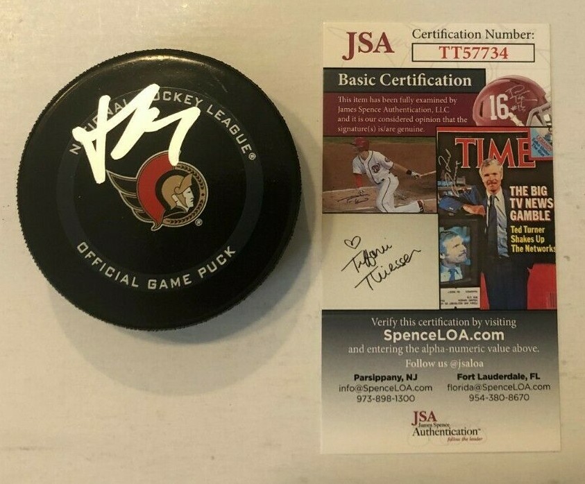 BRADY TKACHUK SIGNED OTTAWA SENATORS OFFICIAL GAME HOCKEY PUCK W/ CASE JSA COA