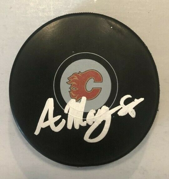 ANDREW MANGIAPANE SIGNED CALGARY FLAMES HOCKEY PUCK W/ CASE COA