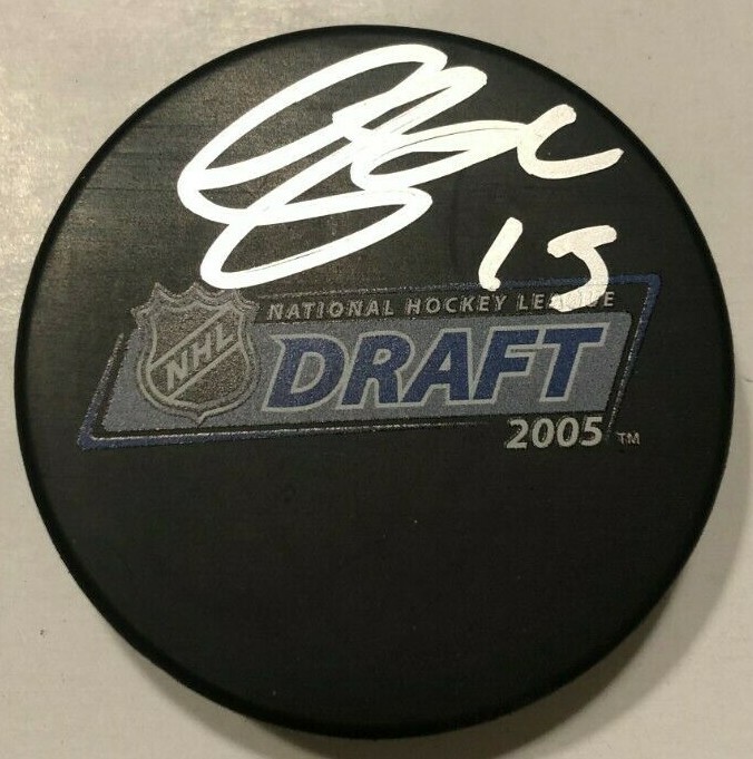 ANDREW COGLIANO SIGNED 2005 NHL DRAFT HOCKEY PUCK W CASE OILERS SHARKS STARS COA