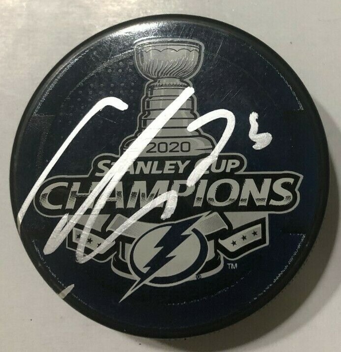 CARTER VERHAEGHE SIGNED 2020 STANLEY CUP PUCK W/ CASE TAMPA BAY LIGHTNING COA