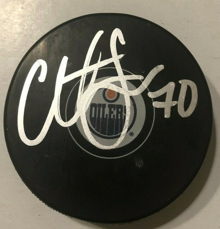 COLTON SCEVIOUR SIGNED EDMONTON OILERS HOCKEY PUCK W/ CASE COA