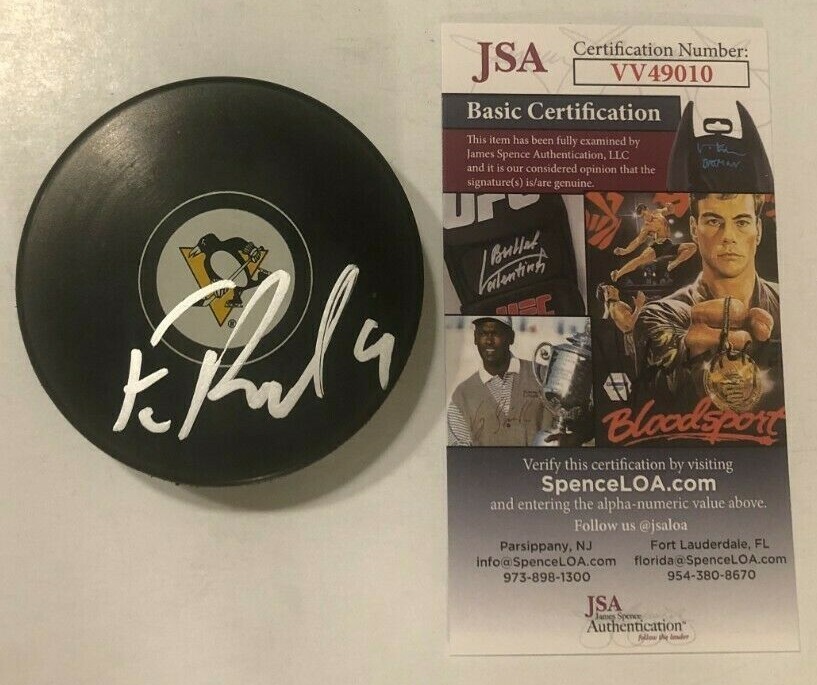 EVAN RODRIGUES SIGNED PITTSBURGH PENGUINS HOCKEY PUCK W/ CASE JSA COA