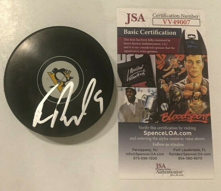 EVAN RODRIGUES SIGNED PITTSBURGH PENGUINS HOCKEY PUCK W/ CASE JSA COA