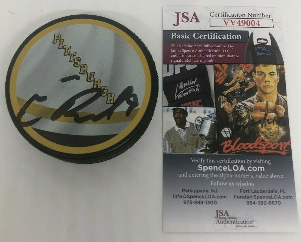 EVAN RODRIGUES SIGNED PITTSBURGH PENGUINS HOCKEY PUCK W/ CASE JSA COA