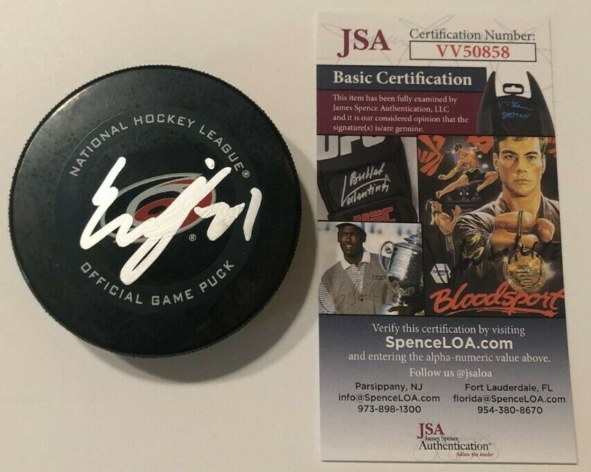 SETH JARVIS SIGNED CAROLINA HURRICANES OFFICIAL GAME HOCKEY PUCK W/ CASE JSA COA
